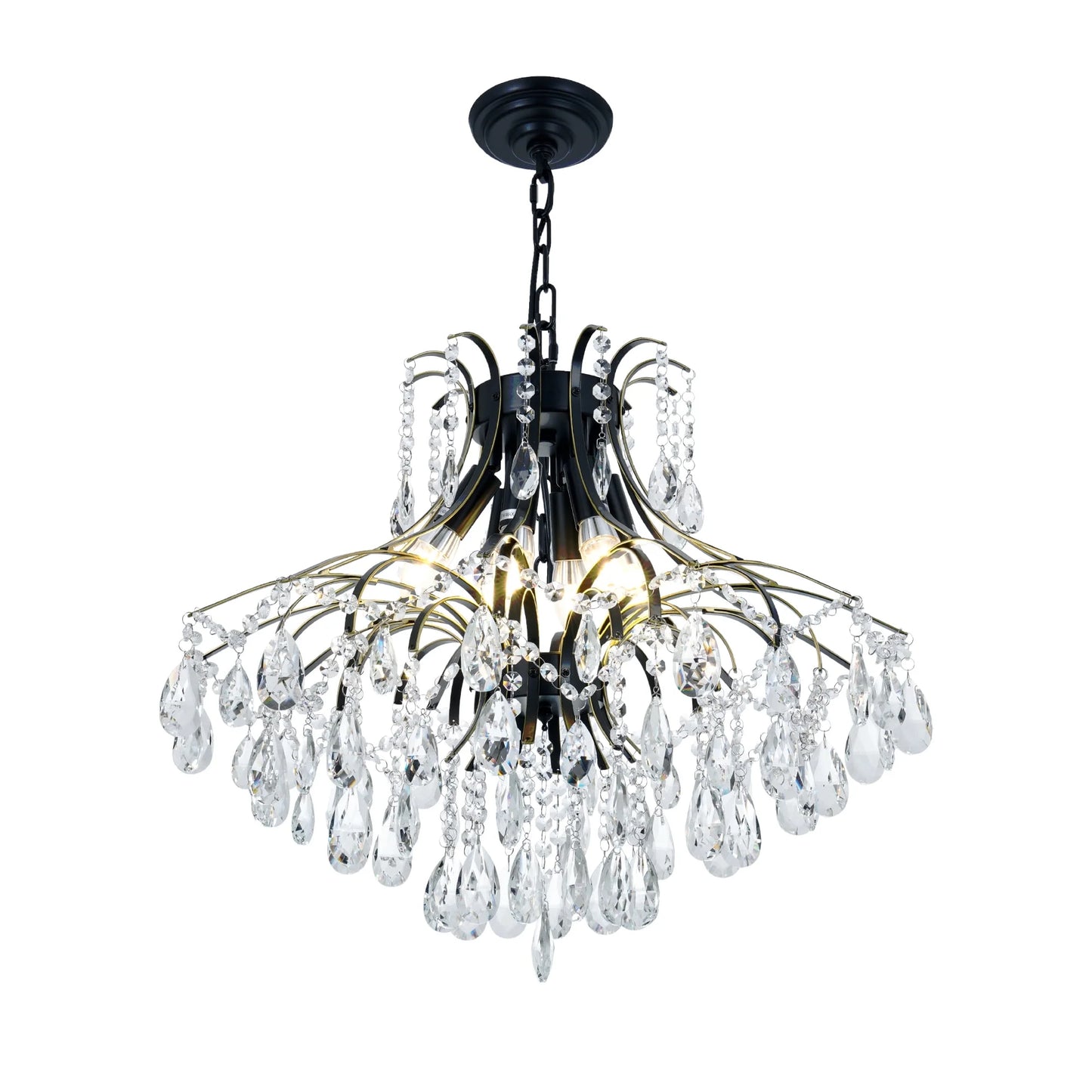 6-Light French Vintage Crystal Chandelier - Black & Gold Wrought Iron Ceiling Light with 23.6" Diameter, Adjustable 21.7" Chain & Wall Control, Dining room ceiling lighting fixtures