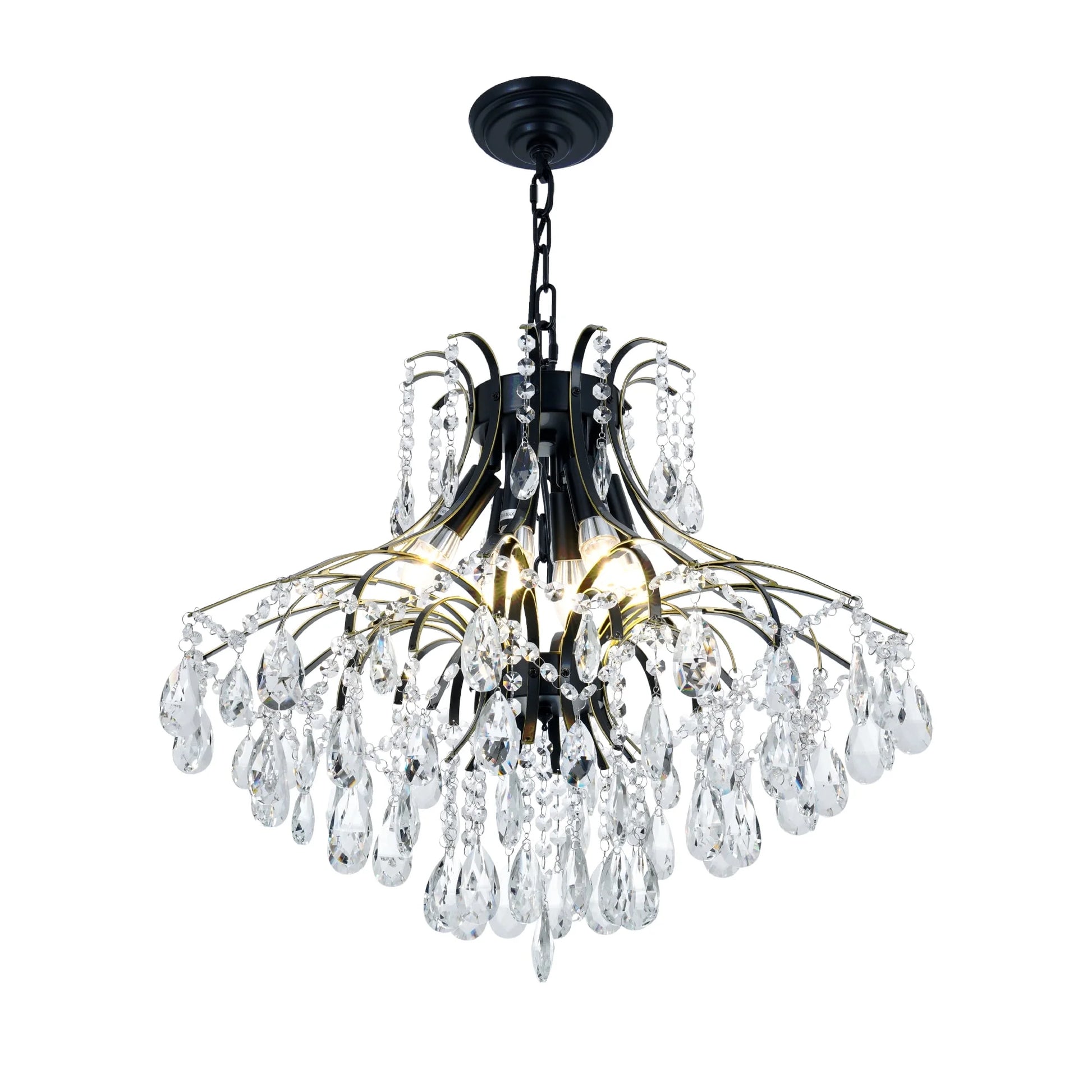 6-Light French Vintage Crystal Chandelier - Black & Gold Wrought Iron Ceiling Light with 23.6" Diameter, Adjustable 21.7" Chain & Wall Control, Dining room ceiling lighting fixtures