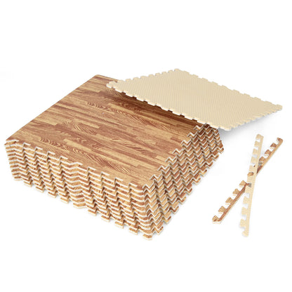 Gymax 24 Tiles Wood Grain EVA Foam Floor Mats Interlocking w/Borders 24'' Natural