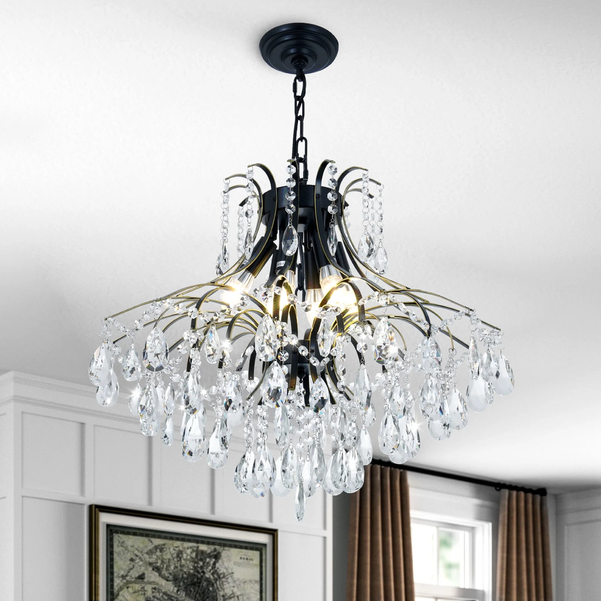 6-Light French Vintage Crystal Chandelier - Black & Gold Wrought Iron Ceiling Light with 23.6" Diameter, Adjustable 21.7" Chain & Wall Control, Dining room ceiling lighting fixtures