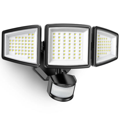 Lepro Motion Sensor Outdoor Light , LED Security Flood Lights with 3 Adjustable Heads, 270° Wide Lighting Angle, 27W 3200LM Super Bright, IP65 Waterproof for Yard Porch Garage, Black