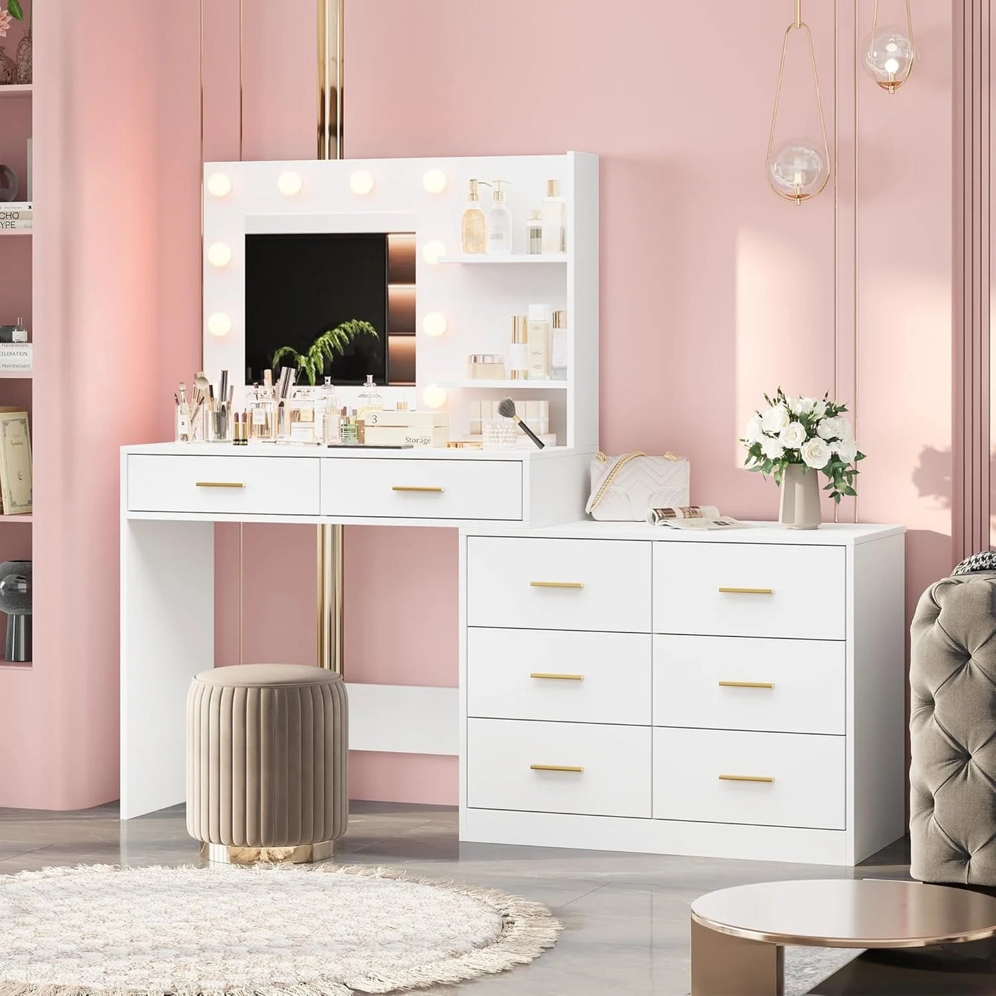 Garvee 61" White Makeup Vanity Desk with Mirror and Lights, Adjustable Brightness, 3 Lighting Modes, 8 Storage Drawers & 2 Open Shelves - Vanity Table for Bedroom