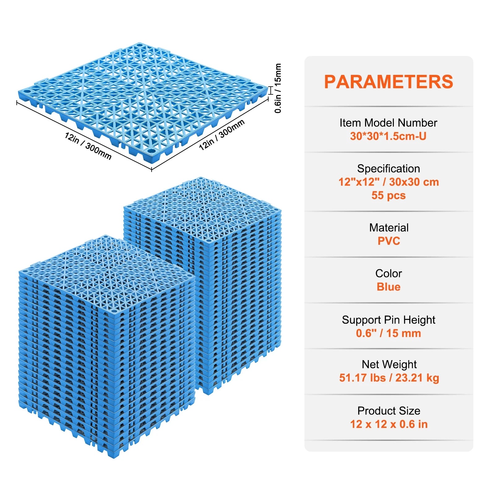 KFFKFF Connectable Tiles in Blue, 55PCS, Measuring 12" x 12" Each, Composed of Gentle PVC, Featuring Interlocking Drainage Floor Tiles, Slip-Resistant with Drainage Openings, in Blue