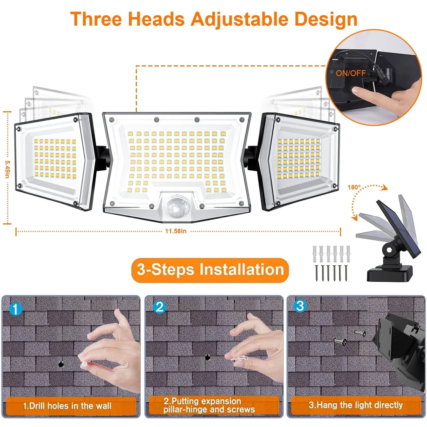 WYRAVIO Solar Lights Outdoor, 205 LED Solar Motion Sensor Security Lights, Solar Flood Lights with 3 Modes 270° Wide Lighting Angle, IP65 Waterproof Wall Lamp for Porch Yard Garage