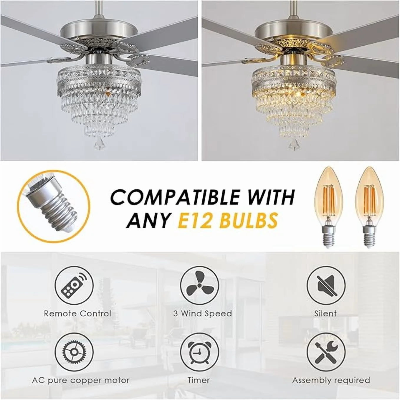 YIOSI 52" Crystal Ceiling Fan Fandelier with Remote Control, Modern Chrome Chandelier Ceiling Fan, Whisper-Quiet Motor, Reversible Blades, LED Lighting, Energy-Efficient, Elegant Living Room Fan