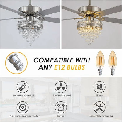 YIOSI 52" Crystal Ceiling Fan Fandelier with Remote Control, Modern Chrome Chandelier Ceiling Fan, Whisper-Quiet Motor, Reversible Blades, LED Lighting, Energy-Efficient, Elegant Living Room Fan