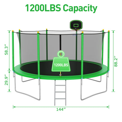 CITYLE 12FT Trampoline for Adults and Kids, No-Gap Design Heavy-Duty Outdoor Trampoline with Enclosure Net, Basketball Hoop, Lights, Wind Stakes, Christmas Birthday Gift