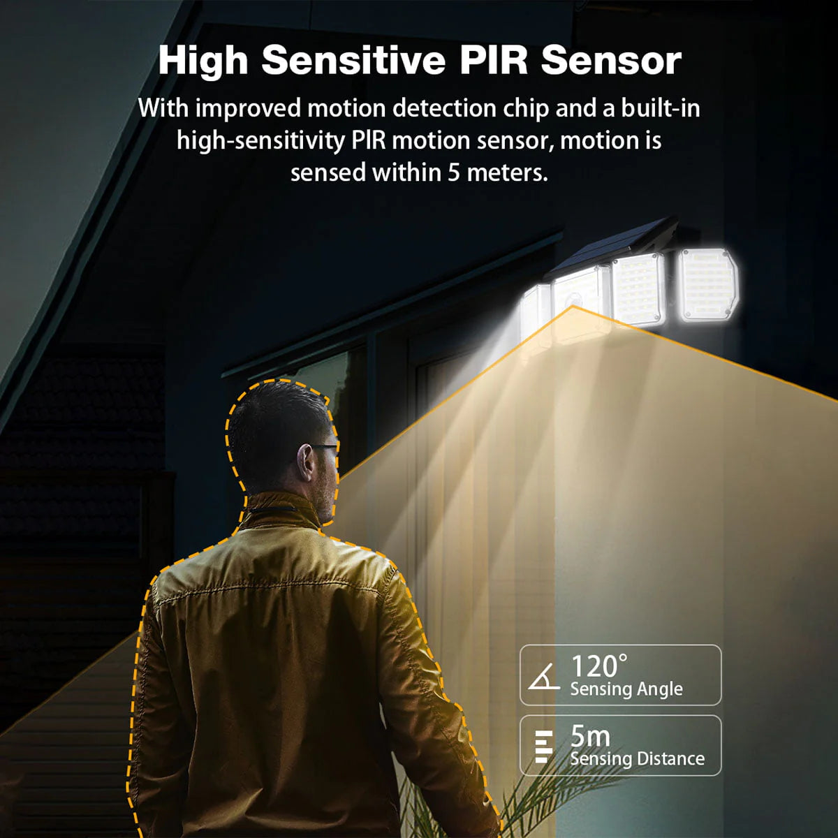 2/1 Pack Solar Lights Outdoor,5 Adjustable Heads Solar Flood Lights,214 LED 3 Lighting Modes Dimmable IP65 Waterproof, Motion Sensor Security Wall Lights