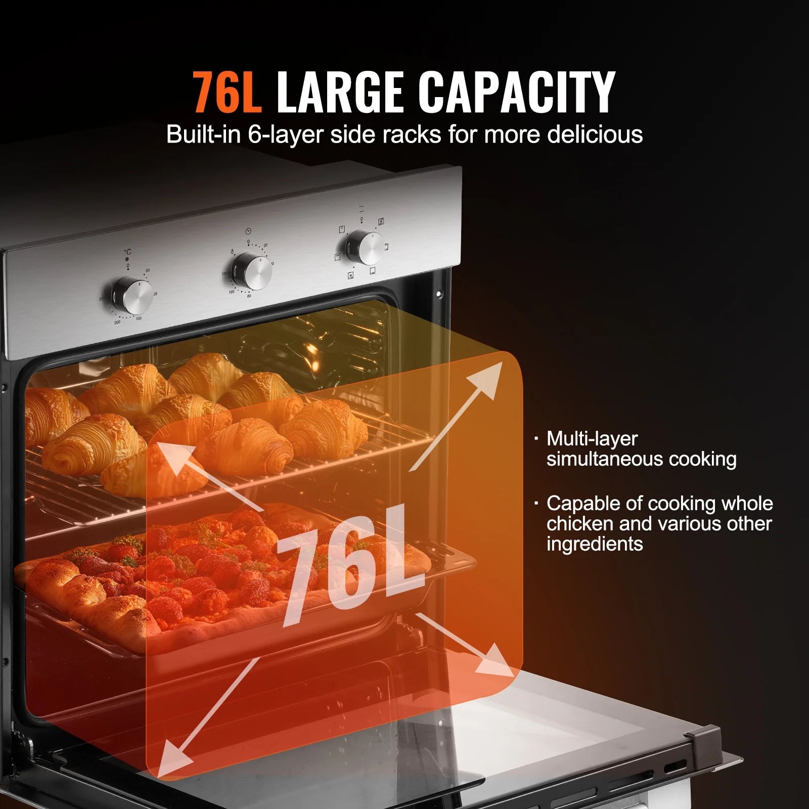 KFFKFF Solo Wall Oven, 24" Electrically Integrated Wall Oven with Half a Dozen Cooking Capabilities, 2.68 Cubic Ft Electric Wall Ovens with Timing Device, 2000W Electric Oven
