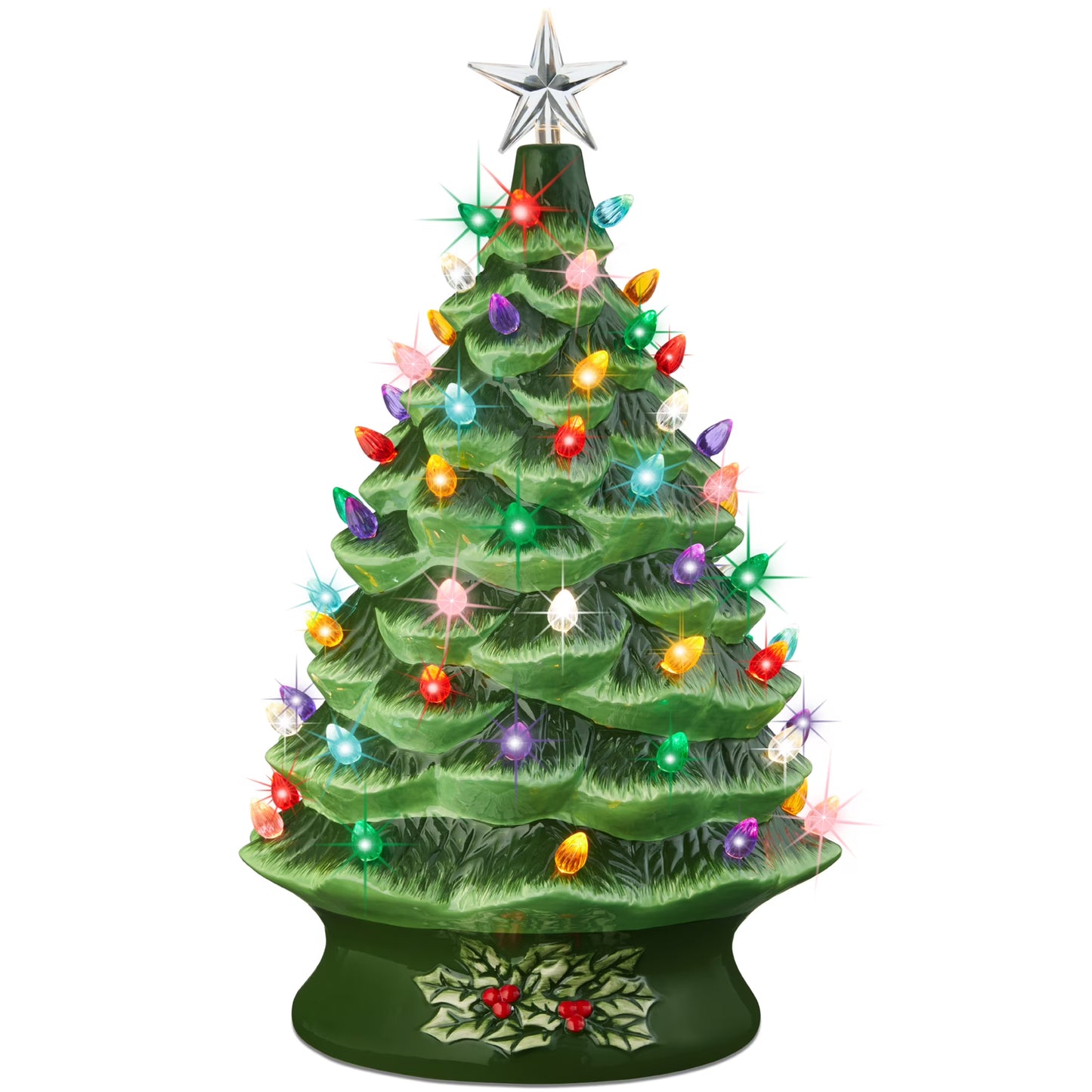 Best Choice Products 24in X-Large Pre-Lit Ceramic Christmas Tree Decor w/74 Multicolor Bulbs, LED Light - Green