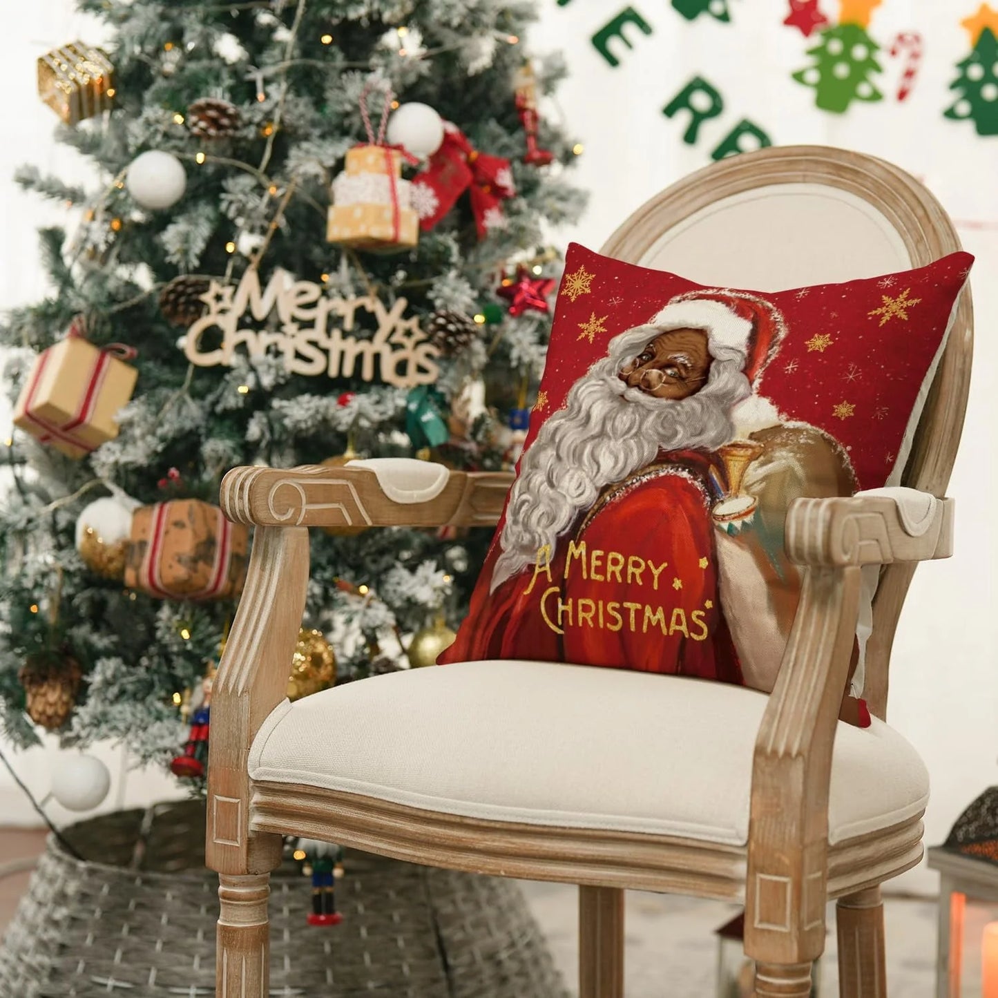 Artoid Mode Merry Christmas Santa Claus Angel Girl Xmas Pillow Covers 4-Pack 18 x 18 Red Black Square Decorative Winter Farmhouse Outdoor Throw Pillow Case