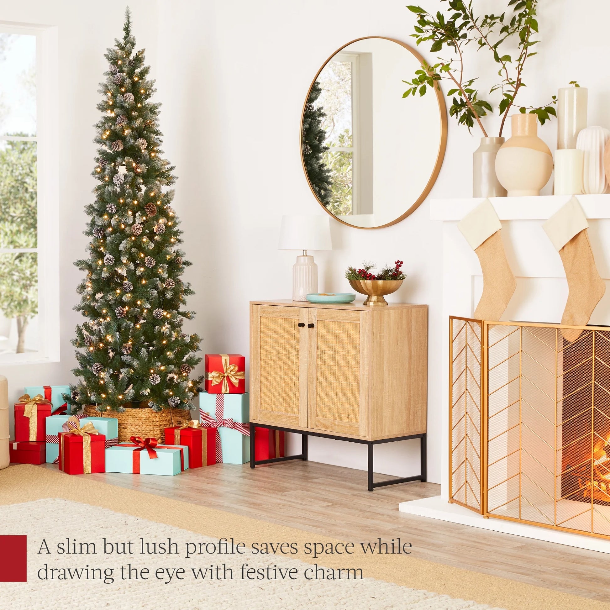 Best Choice Products 6ft Pre-Lit Partially Flocked Pencil Christmas Tree w/250 Lights, Pine Cones, Foldable Stand