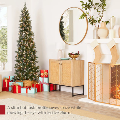 Best Choice Products 6ft Pre-Lit Partially Flocked Pencil Christmas Tree w/250 Lights, Pine Cones, Foldable Stand