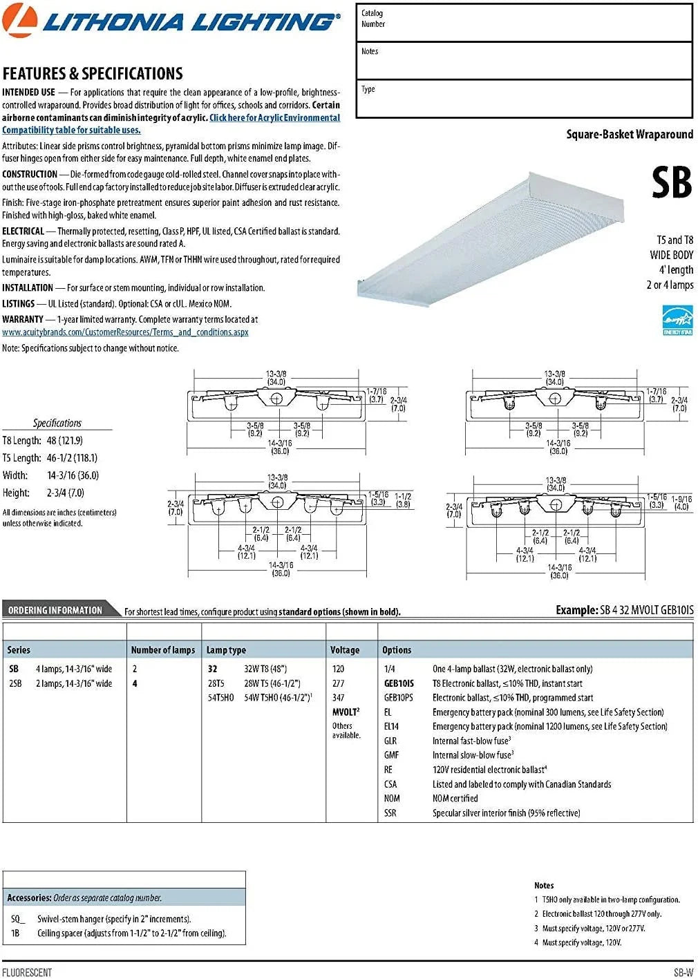 Lithonia Lighting SB4321201/4GESB 4' Bulb T8 FluorescentWraparound Ceiling Light Fixture (Bulb Not Included)