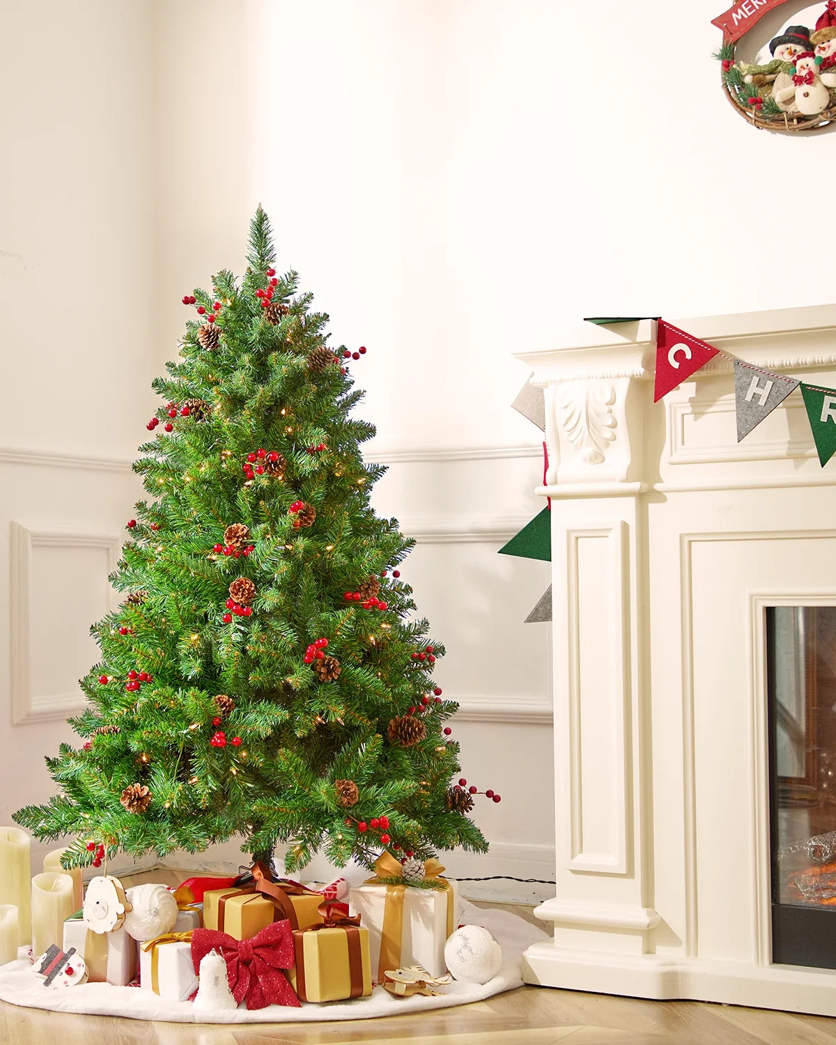 Jostyle 4.5FT Pre-Lit Christmas Tree, Decorated with 300 Clear Lights and Realistic 516 Thicken Tips
