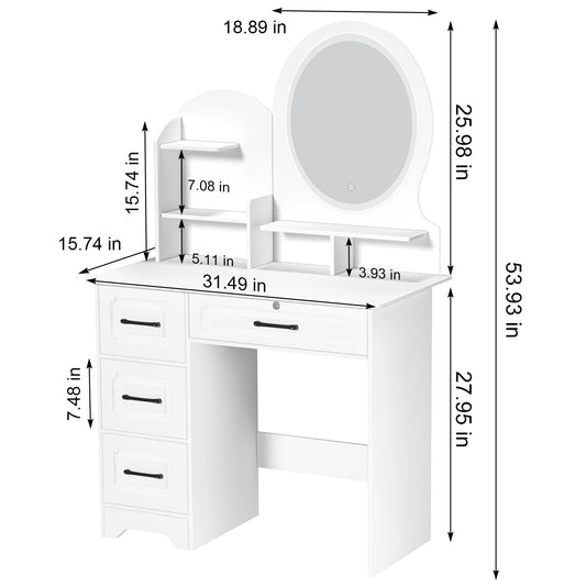 Zksm Vanity Desk with 4 Drawers & Storage Shelves, Vanity Mirror with Lights, Makeup Vanity Table for Bedroom, 3 Lighting Colors, White