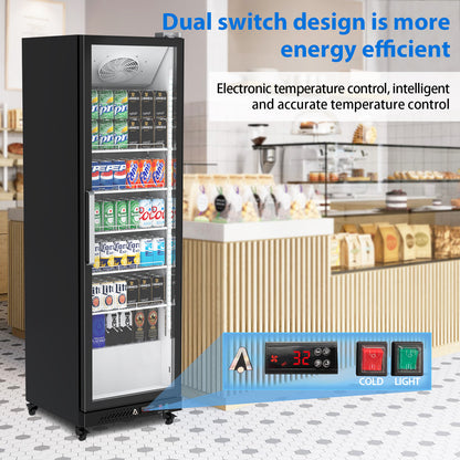 Garvee Commercial Refrigerator,12.4 Cu.ft Display Fridge Merchandiser Upright Beverage Cooler,Single Glass Door Fridge with Adjustable Shelves & LED Lighting,Black