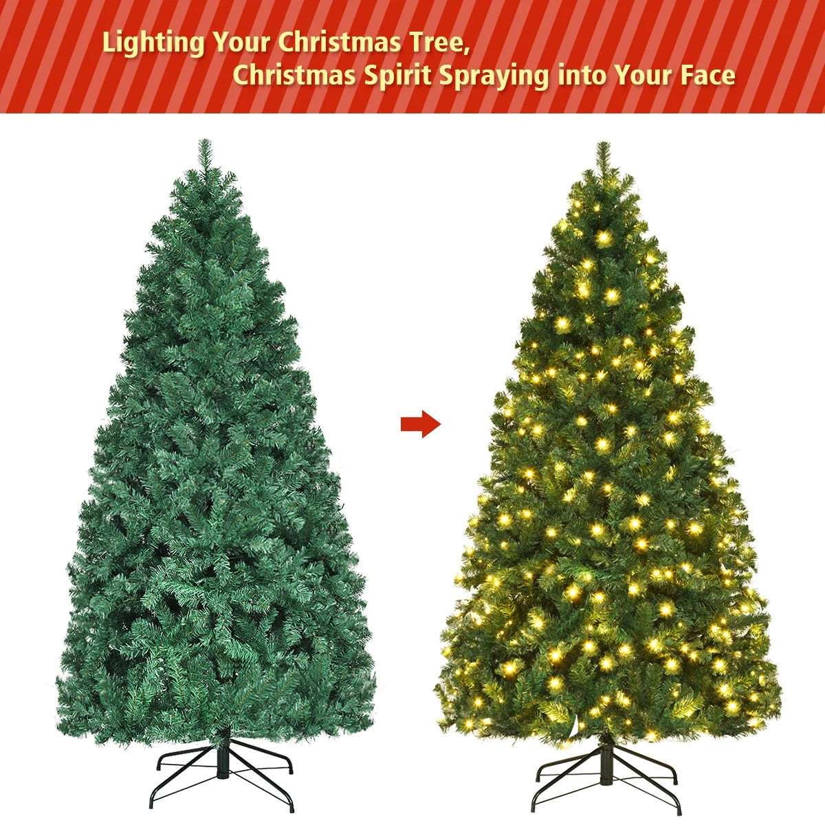Costway 7Ft Pre-Lit PVC Hinged Christmas Tree 300 LED Lights Green