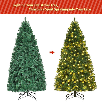 Costway 7Ft Pre-Lit PVC Hinged Christmas Tree 300 LED Lights Green