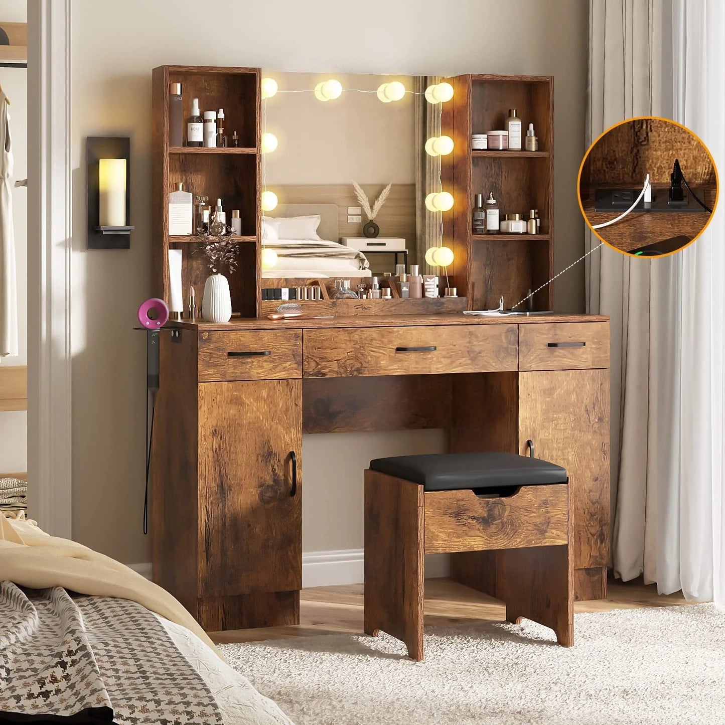 Veanerwood Large Makeup Vanity Set with Lights, White Bedroom Makeup Vanity Table with Storage, 3 Adjustable Lighting Colors, Modern, 45.2in