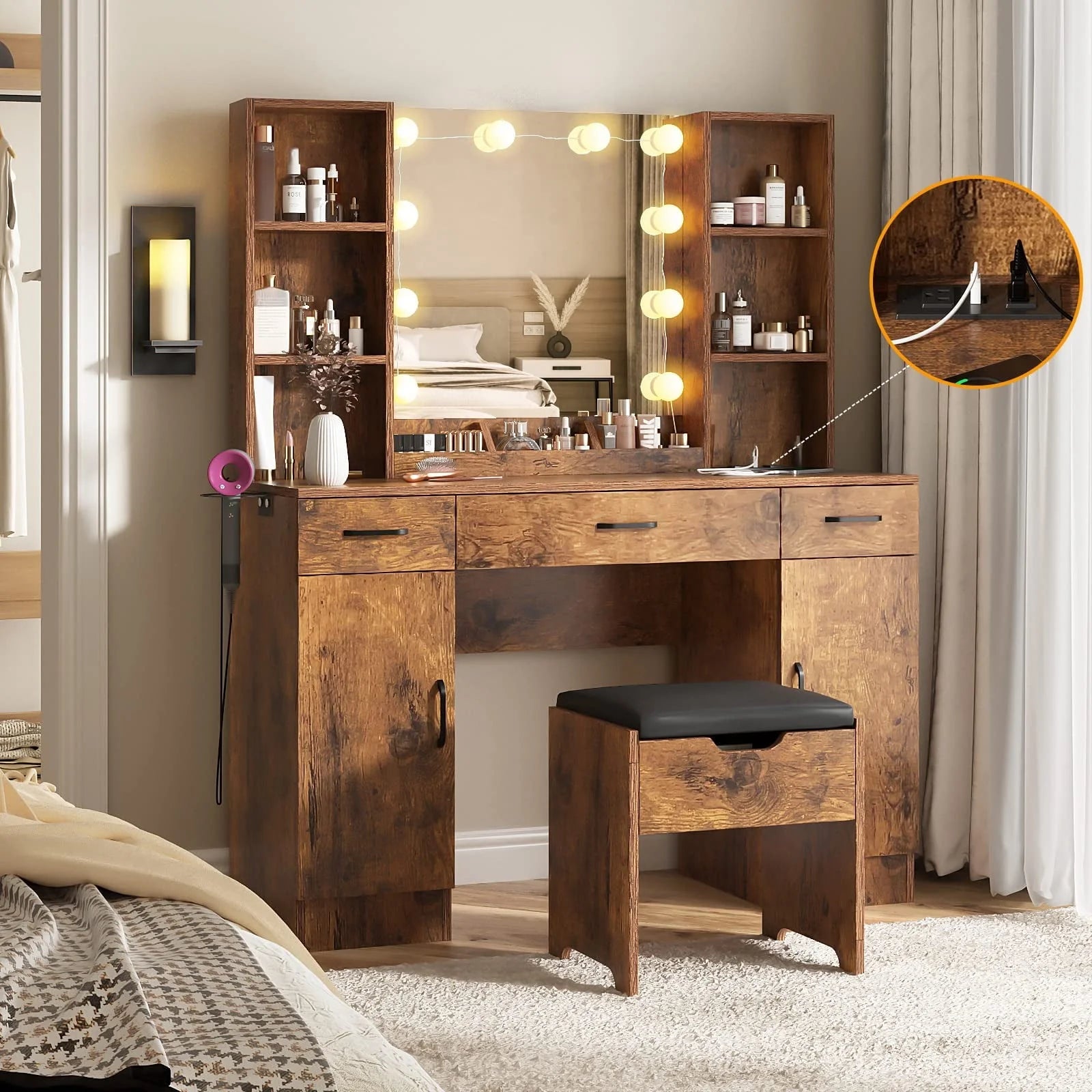 Veanerwood Large Makeup Vanity Set with Lights, White Bedroom Makeup Vanity Table with Storage, 3 Adjustable Lighting Colors, Modern, 45.2in