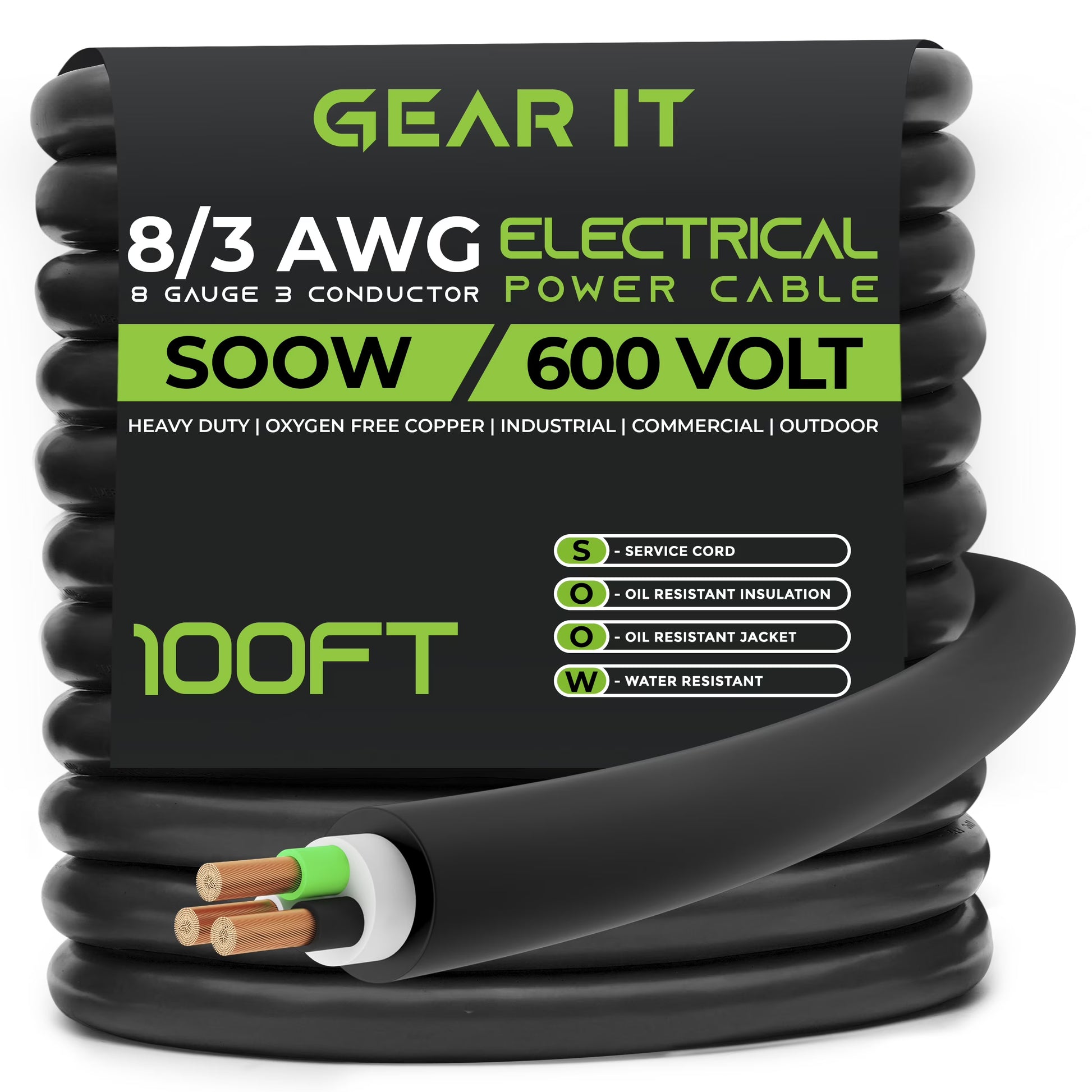 GearIT 8/4 8 AWG Portable Power Cable (25 Feet - 4 Conductor) SOOW 600V 8 Gauge Electric Wire for Motor Leads, Portable lights, Battery Chargers, Stage Lights and Machinery -25ft Electrical Cord