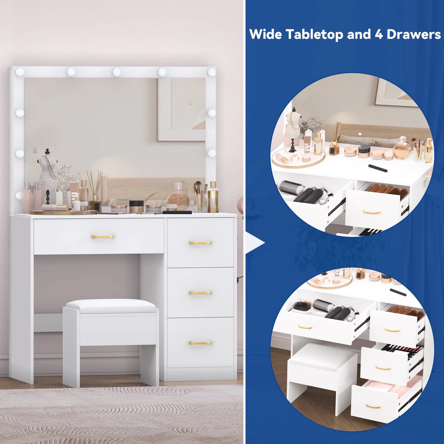 Dextrus Makeup Vanity Ensemble,Generously Sized Illuminated Mirror, Vanity Featuring Electrical Outlet, 3 Versatile Lighting Modes, Customizable Brightness, and 4 Storage Drawers for Women Girls