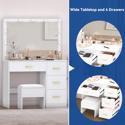 Dextrus Makeup Vanity Ensemble,Generously Sized Illuminated Mirror, Vanity Featuring Electrical Outlet, 3 Versatile Lighting Modes, Customizable Brightness, and 4 Storage Drawers for Women Girls
