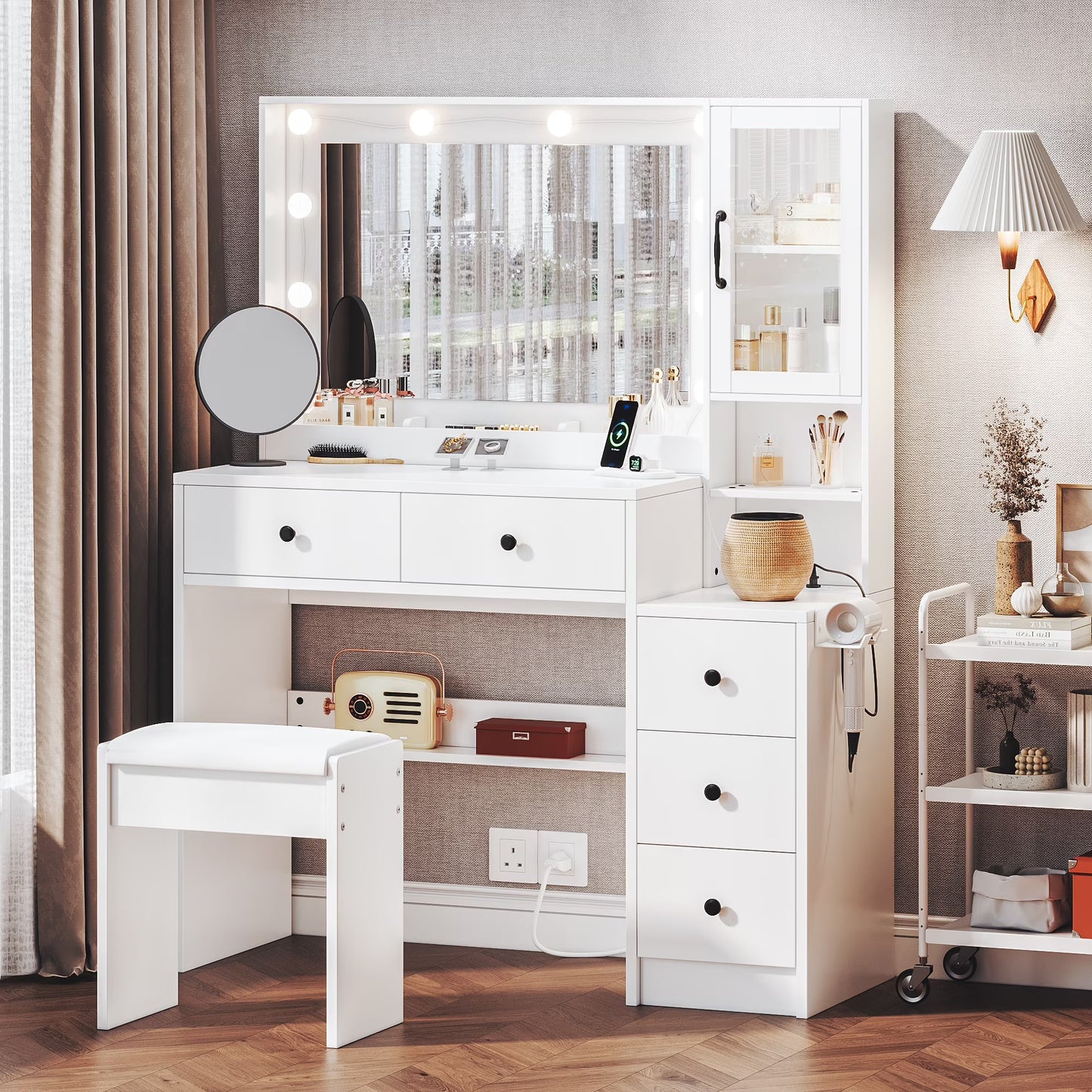 UGTOO 58.3" White Vanity Desk with Mirror, Adjustable Lighting, Power Outlet, Drawers, with Stool