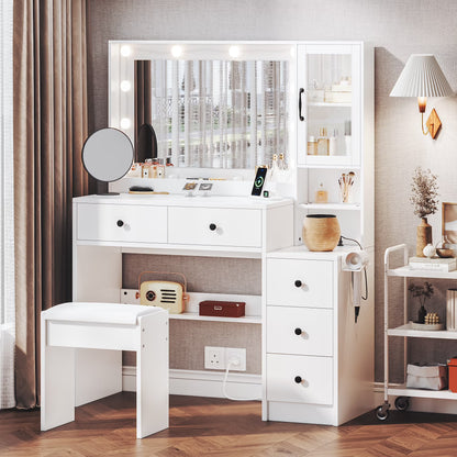 UGTOO 58.3" White Vanity Desk with Mirror, Adjustable Lighting, Power Outlet, Drawers, with Stool