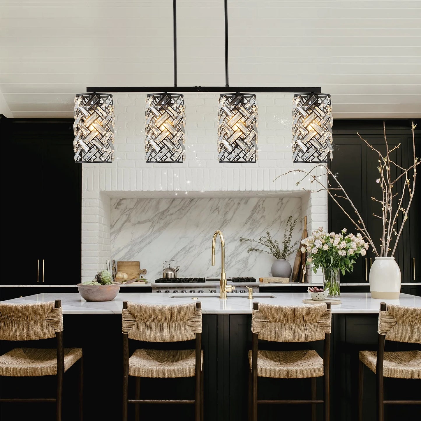40" Crystal Kitchen Island Lighting 4 Lights Modern Black Linear Chandelier Dining Room Light Fixture Over Table Luxury Ceiling Pendant Light Fixture