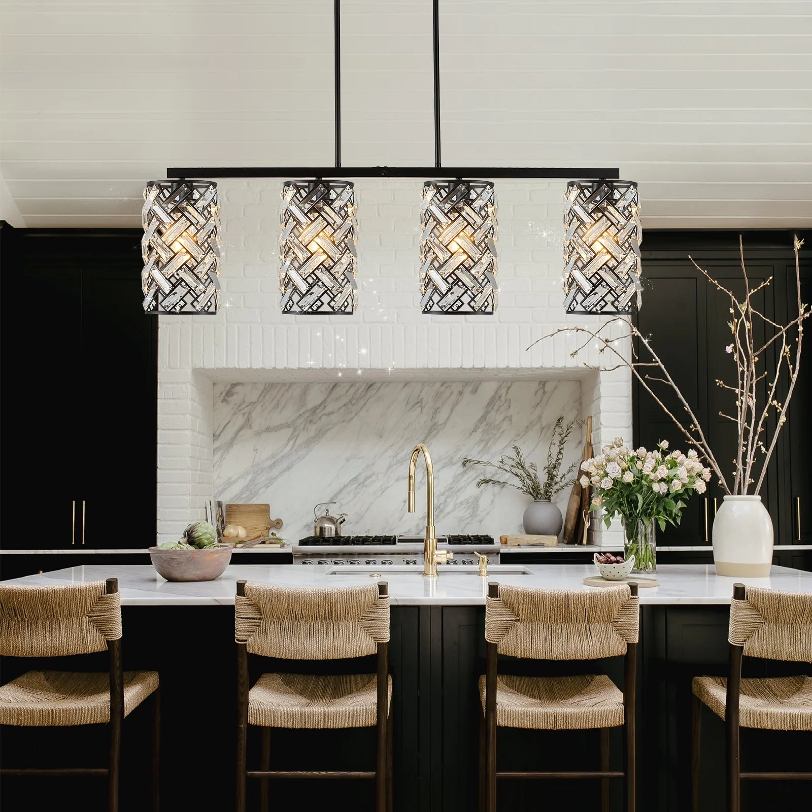 40" Crystal Kitchen Island Lighting 4 Lights Modern Black Linear Chandelier Dining Room Light Fixture Over Table Luxury Ceiling Pendant Light Fixture