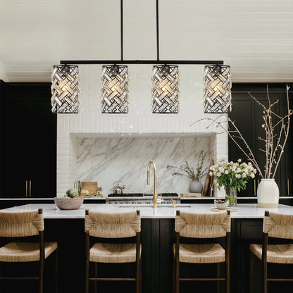 40" Crystal Kitchen Island Lighting 4 Lights Modern Black Linear Chandelier Dining Room Light Fixture Over Table Luxury Ceiling Pendant Light Fixture