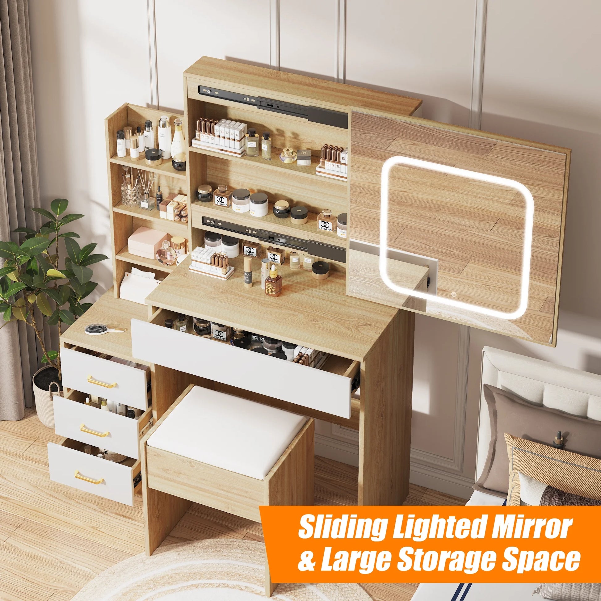 Vanity Desk with Sliding Mirror and Lights, Makeup Vanity Set with 4 Drawers, Stool, Power Outlet, Open Shelves, 3 Color Adjustable Lighting Modes, Makeup Dressing Table for Bedroom, White