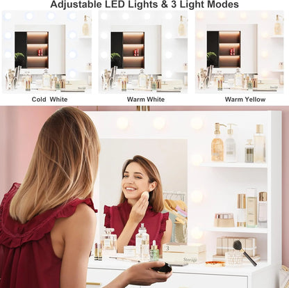Garvee 61" White Makeup Vanity Desk with Mirror and Lights, Adjustable Brightness, 3 Lighting Modes, 8 Storage Drawers & 2 Open Shelves - Vanity Table for Bedroom
