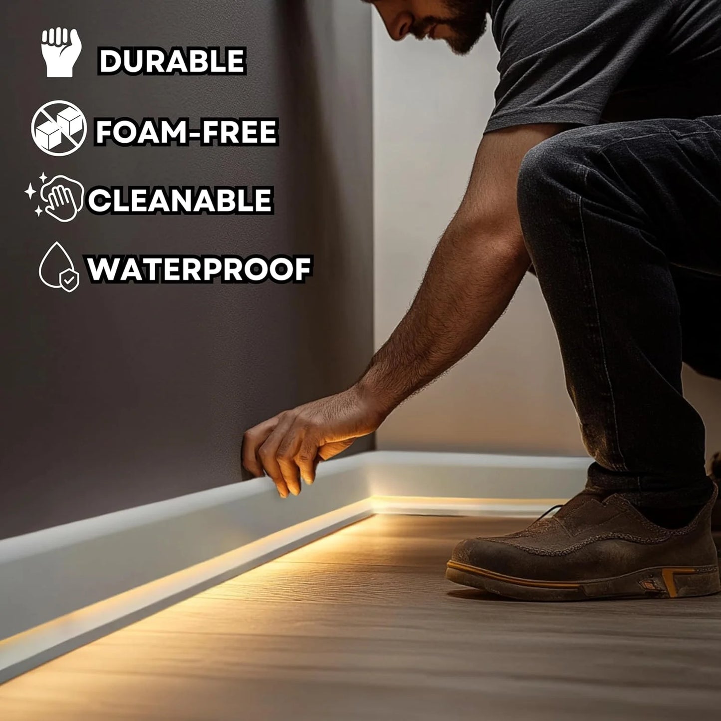 TUALCA 7-Piece 94.5? (55.12 ft) LED Baseboard Molding with Duct Kit for Seamless Ambient Home Accent Lighting | Waterproof Channel for Easy LED Strip Installation (Baseboard MOLDING with LED Duct)