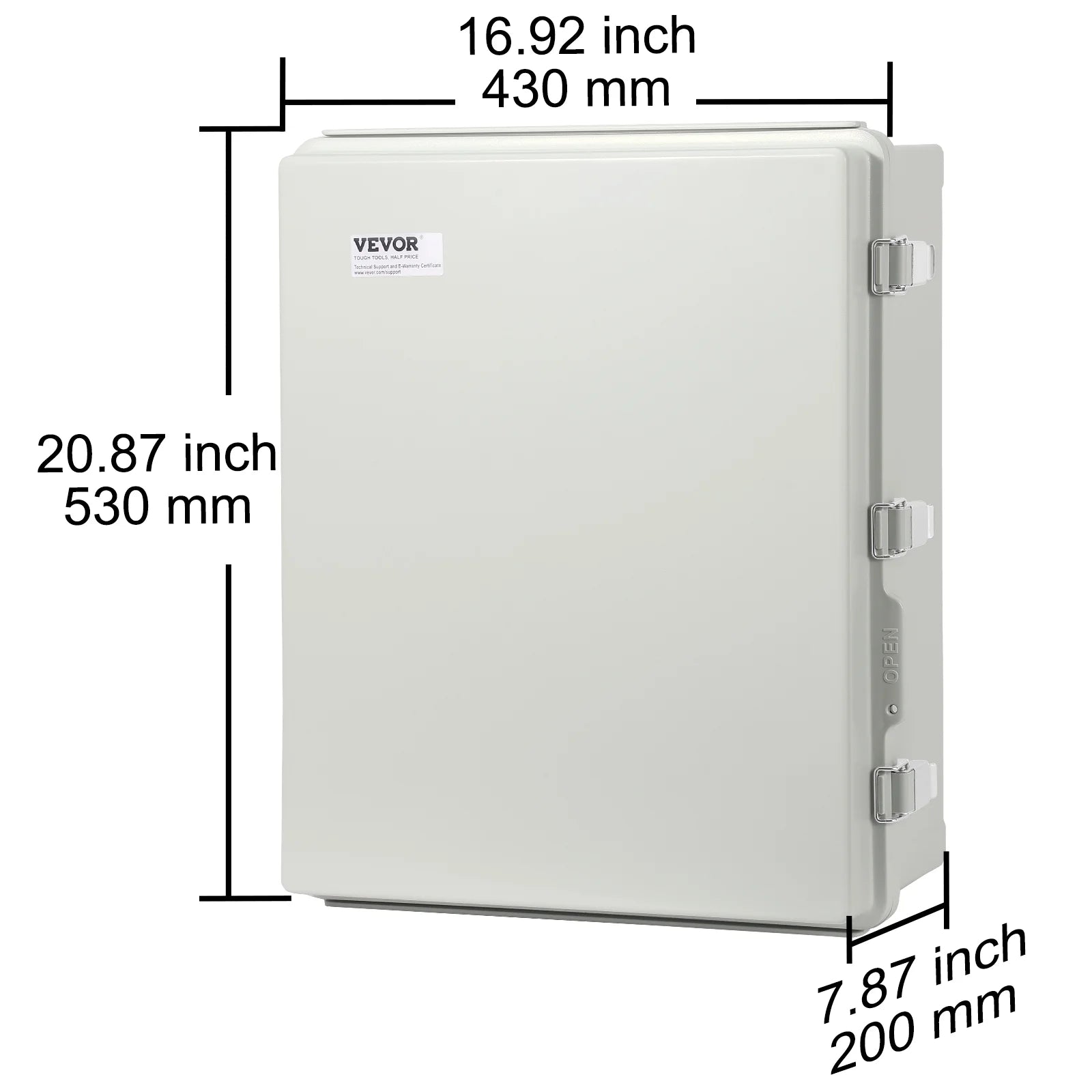 VEVOR Outdoor Electrical Junction Box, 20.87 x 16.92 x 7.87 in, ABS Plastic Electrical Enclosure Box with Hinged Cover Stainless Steel Latch, IP67 Dustproof Waterproof