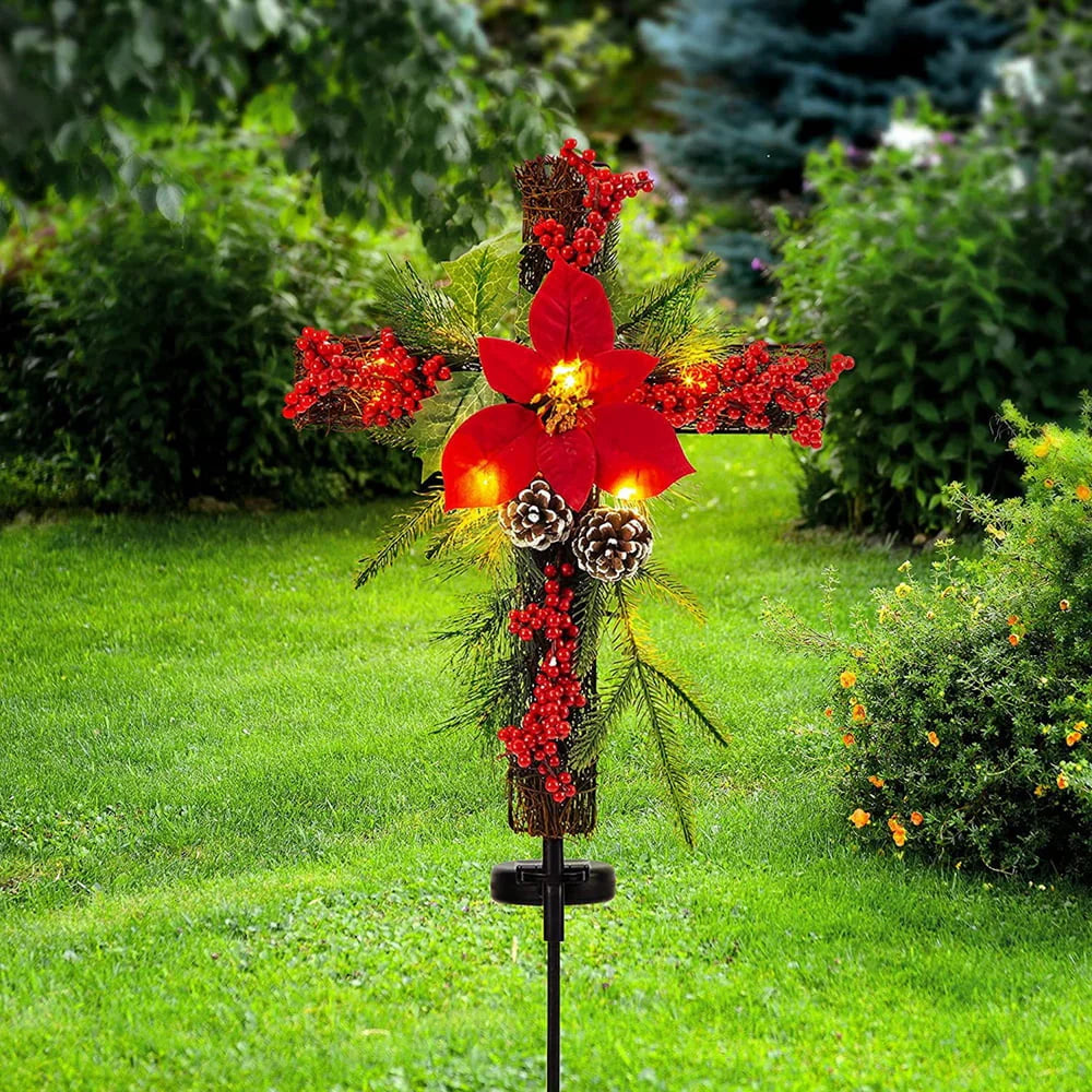 Solar Christmas Decorations Outdoor LED Lights, Xmas Waterproof Cross Stake, Cemetery Grave Decorations,Faux Pine Cones and Foliage Ornament Stakes for Garden Lawn Yard Cemetery, Set of 2