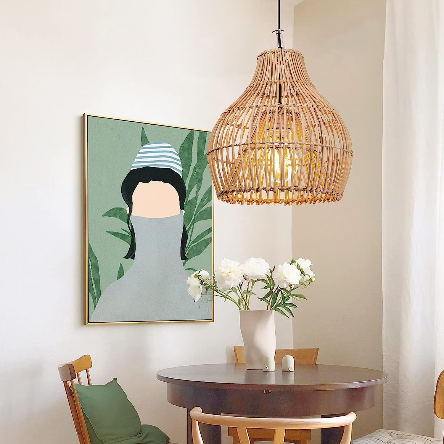 Arturesthome 1 Light Bohemian Pendant Light,Natural Rattan Materials Ceiling Chandelier Hanging Lamp Lighting Fixture for Hallway