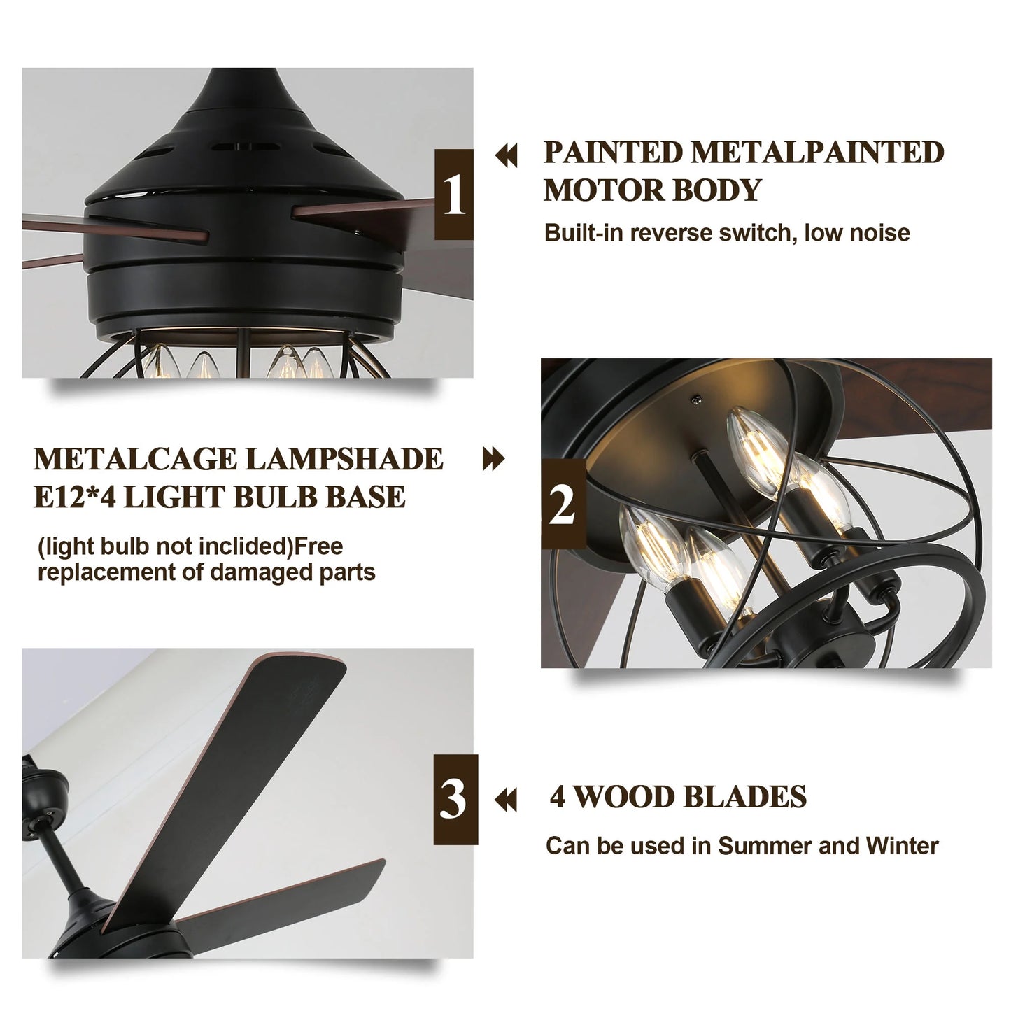 52" Farmhouse Ceiling Fan 4-Light Wood Lighting Reversible Blades with Light and Remote Control 6 Speed