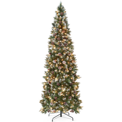 Best Choice Products 6ft Pre-Lit Partially Flocked Pencil Christmas Tree w/250 Lights, Pine Cones, Foldable Stand
