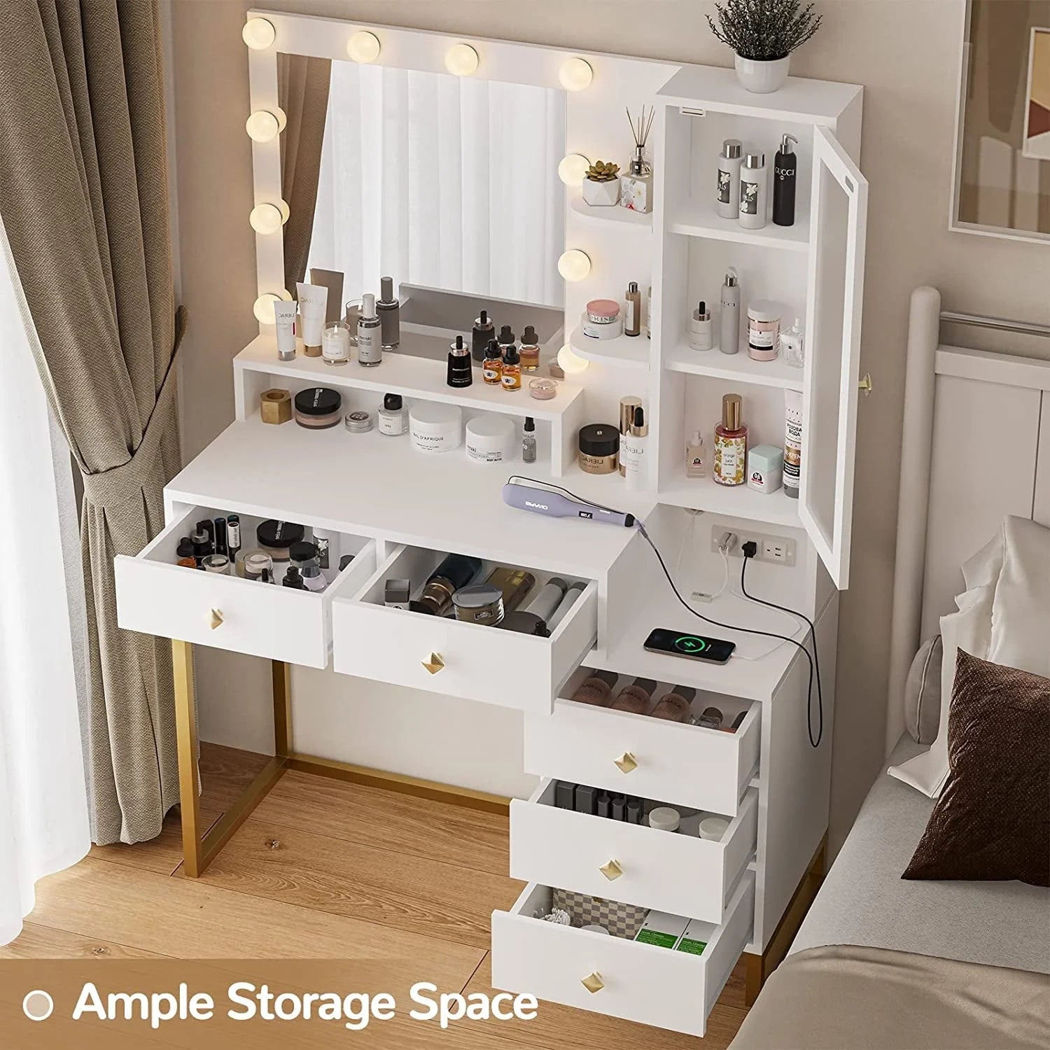 Vanity Desk with LED Lighted Mirror, Makeup Desk with 5 Storage Drawers & 6 Shelves, Vanity Table with Charging Station, Modern Dressing Table with 3 Color Lighting Options, White