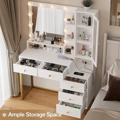 Vanity Desk with LED Lighted Mirror, Makeup Desk with 5 Storage Drawers & 6 Shelves, Vanity Table with Charging Station, Modern Dressing Table with 3 Color Lighting Options, White