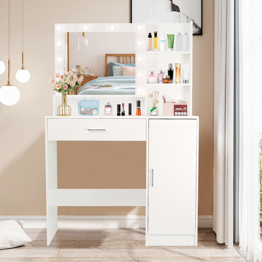 Vanity Desk with Mirror and Lights, Makeup Vanity with Drawer & Storage Cabinet, 3 Lighting Modes Adjustable Brightness, Makeup Desk with Open Shelves for Bedroom, Dressing Room, White