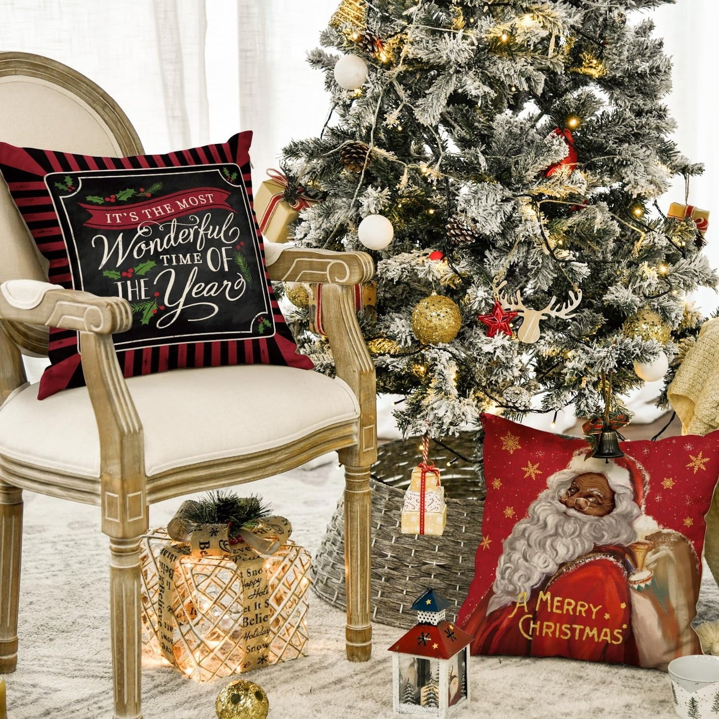 Artoid Mode Merry Christmas Santa Claus Angel Girl Xmas Pillow Covers 4-Pack 18 x 18 Red Black Square Decorative Winter Farmhouse Outdoor Throw Pillow Case