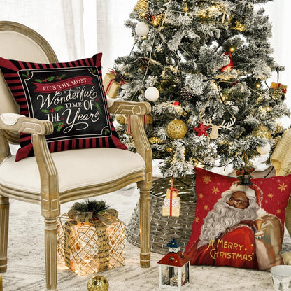 Artoid Mode Merry Christmas Santa Claus Angel Girl Xmas Pillow Covers 4-Pack 18 x 18 Red Black Square Decorative Winter Farmhouse Outdoor Throw Pillow Case