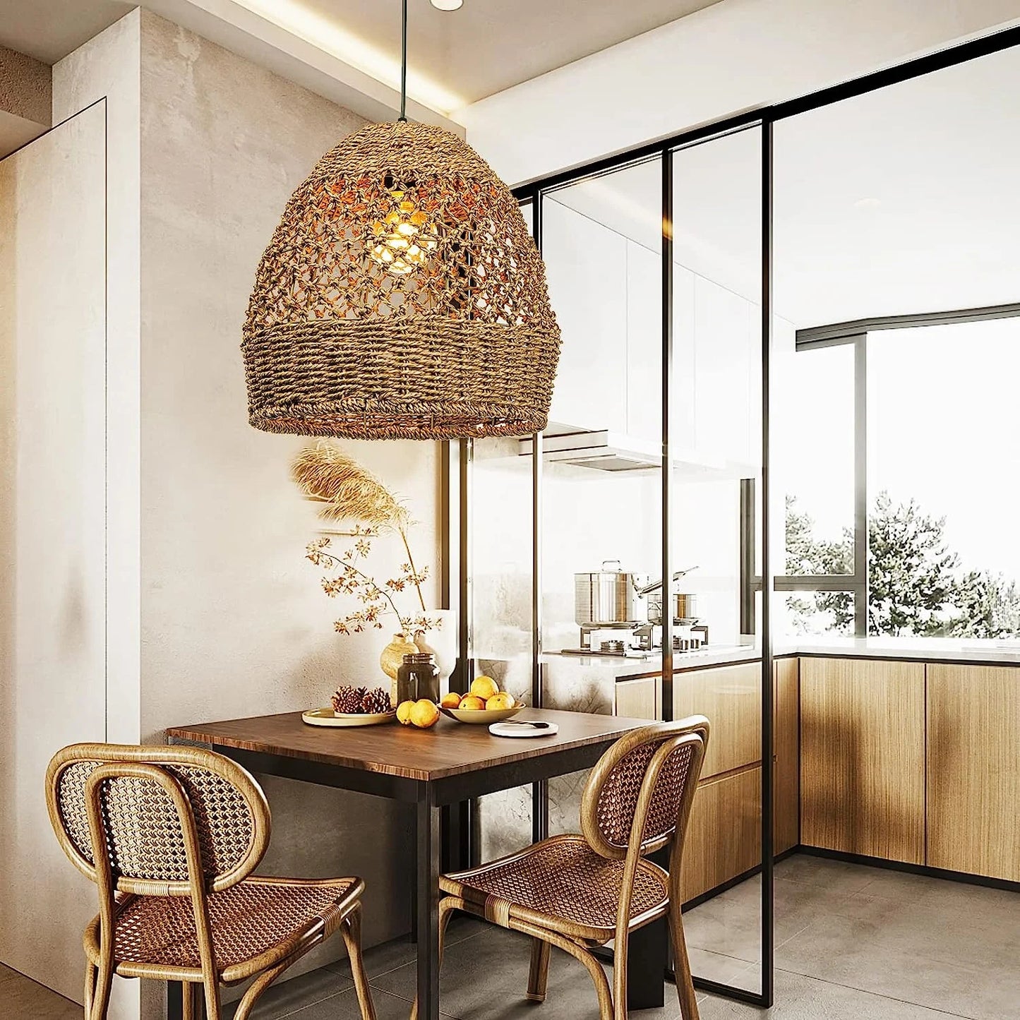 Arturesthome Creative Seagrass Pendant Lamp Rattan Lampshade Handmade Weave Lighting Modern Hanging Ceiling Light Fixture for Cafe Bar