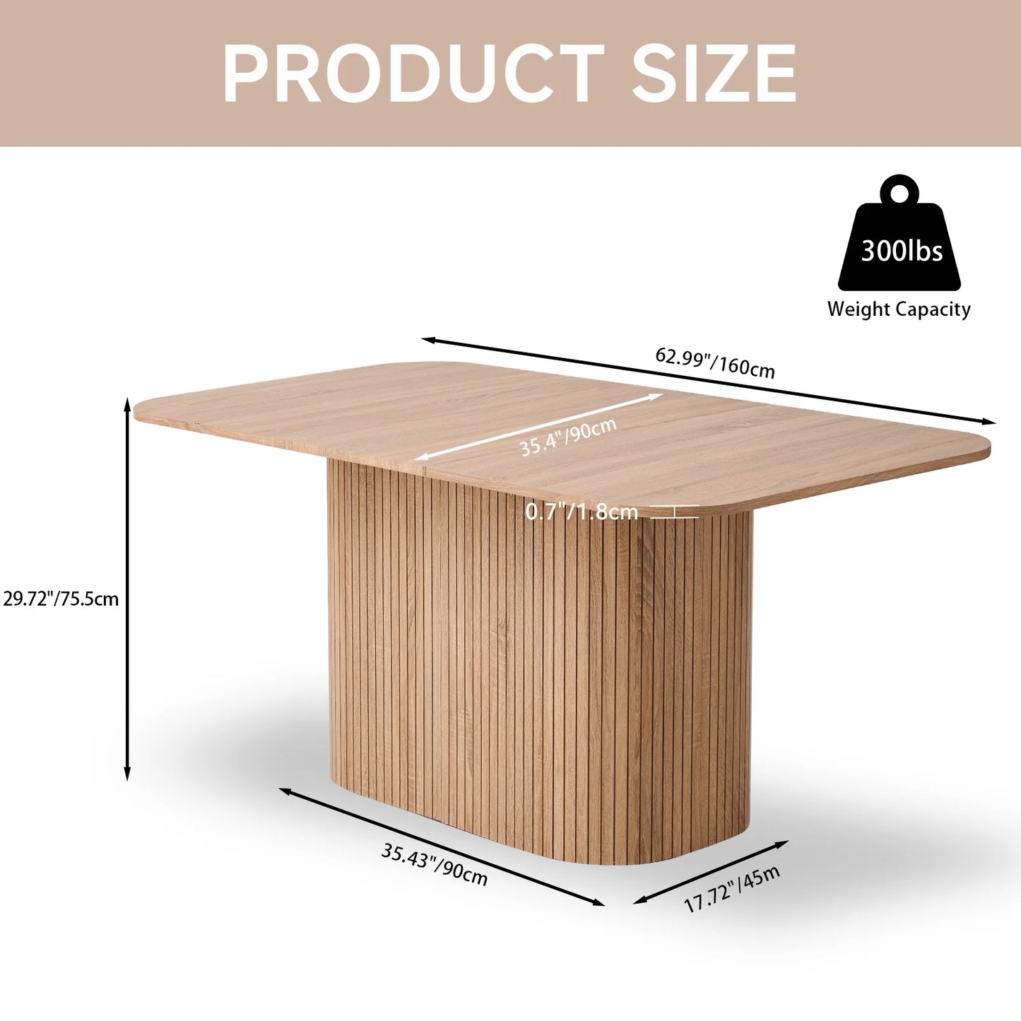 HJhomeheart 63" Rectangle Dining Table for 4 6 Person, Rounded Corners, Wood Strip Pedestal Base, Rustic Farmhouse Modern Breakfast Dinner Kitchen Table