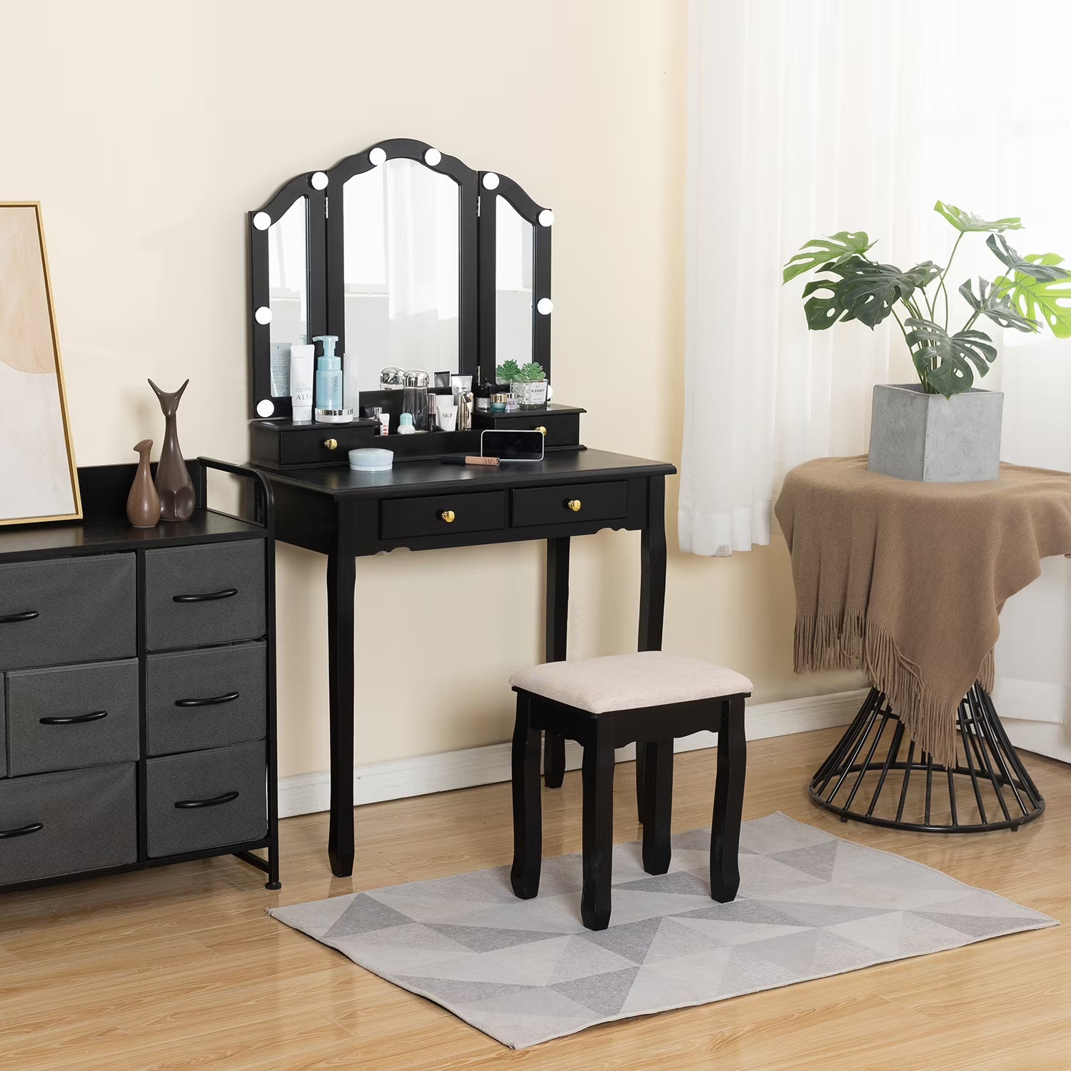LilyFantasy Vanity Set with Mirror and Lights, Makeup Vanity for Women and Girls, Modern Make up Table and chair for Bedroom, 10 LED Light Bulbs & 3 Color Lighting Modes, White
