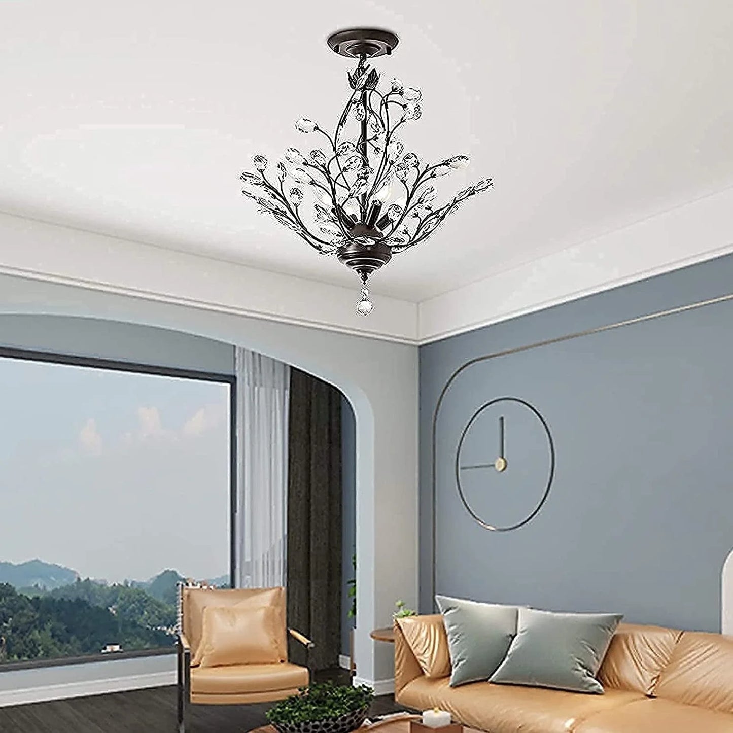 Maxax 4 Lights Semi Flush Mount Crystal Chandelier, Modern K9 Ceiling Light Fixtures, Adjustable Hanging Pendant Lighting, E12 Ceiling Light for Entry Way, Dinning Room, Living Room, Bedroom, Black